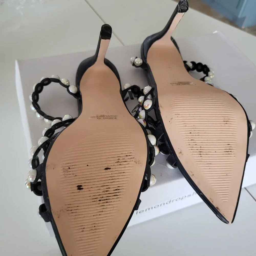 Lemondrop Black Satin Pearl Open Toe Slingback Heels 6.5 Elegant Cocktail Party